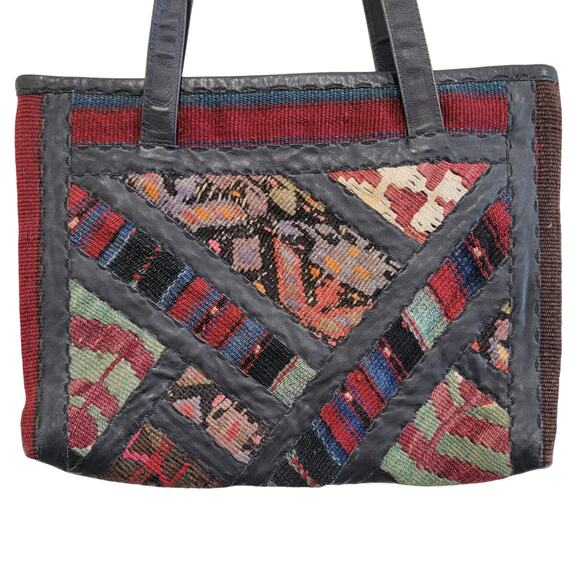 70s Vintage Boho Leather and Wool Carpet Bag Tote - Picture 6 of 10